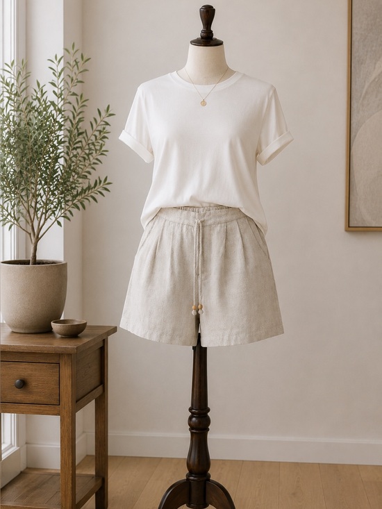 Cyrs Pants - Coastal Linen Blend Look Pull-On Shorts Beige Elastic Waist Relaxed Summer SizeM